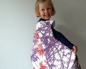 Awesome Girls Cape, Waldorf Inspired, Red and Purple Handprinted Fabric, Fits 5-10, Free US Shipping