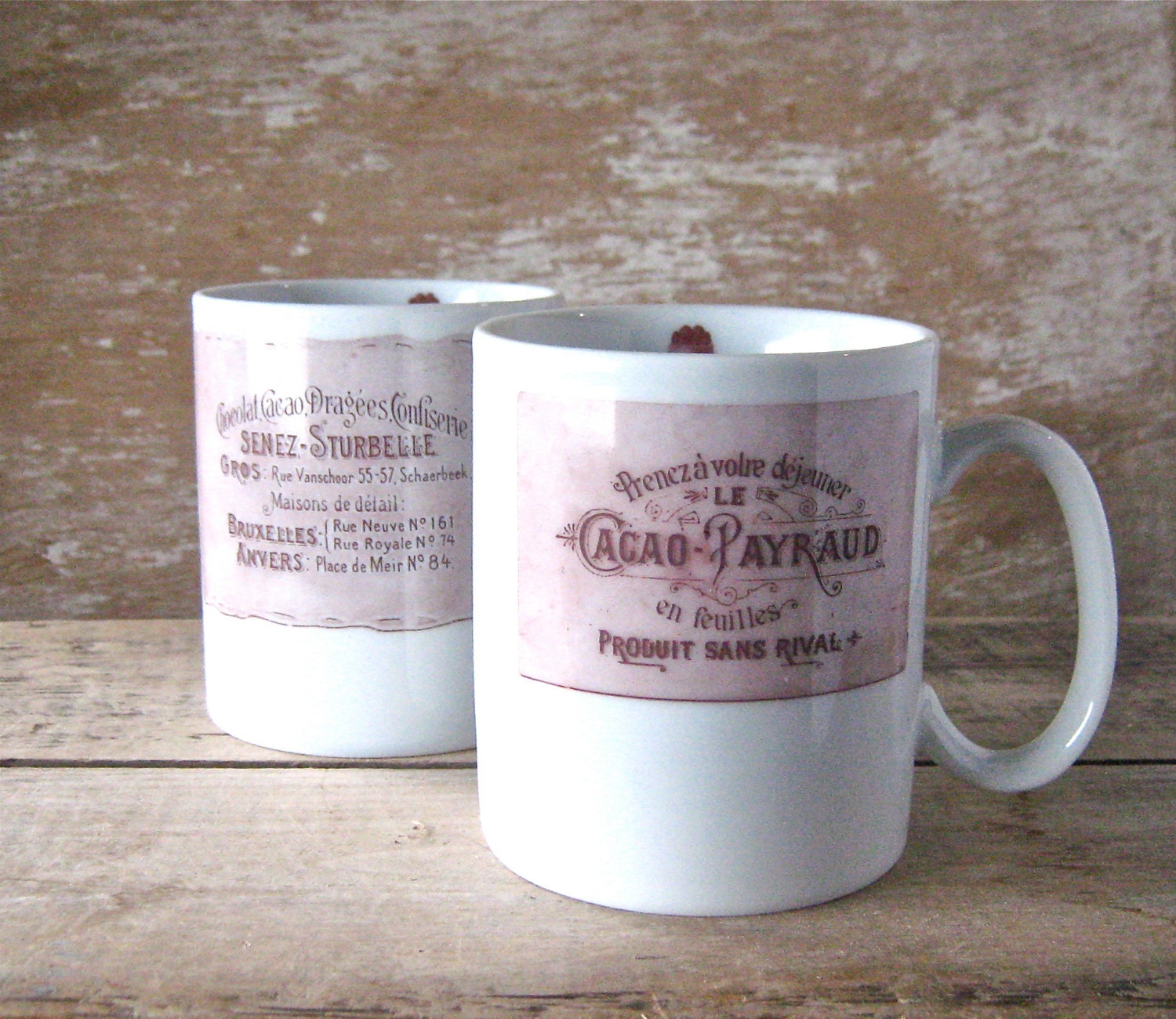 Pair of Mugs, Chocolate Labels, Chocolat, 12 oz Mug, Recycled, Ready to Ship, Discounted Second