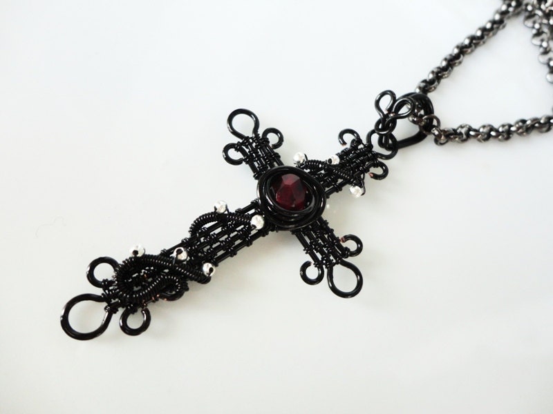 Gothic Cross II - Free Shipping (wire-wrapped cross, black, red, wirework,bohemian crystal)