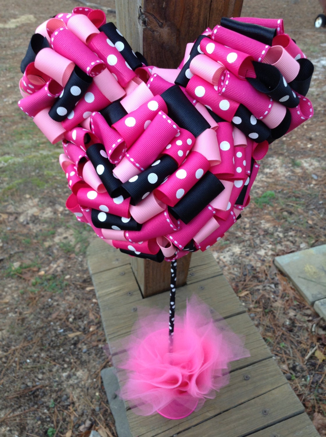 Minnie Mouse Ribbon Topiary in Hot Pink, Black, Light Pink for Party or Shower Centerpiece Decoration: Medium Size