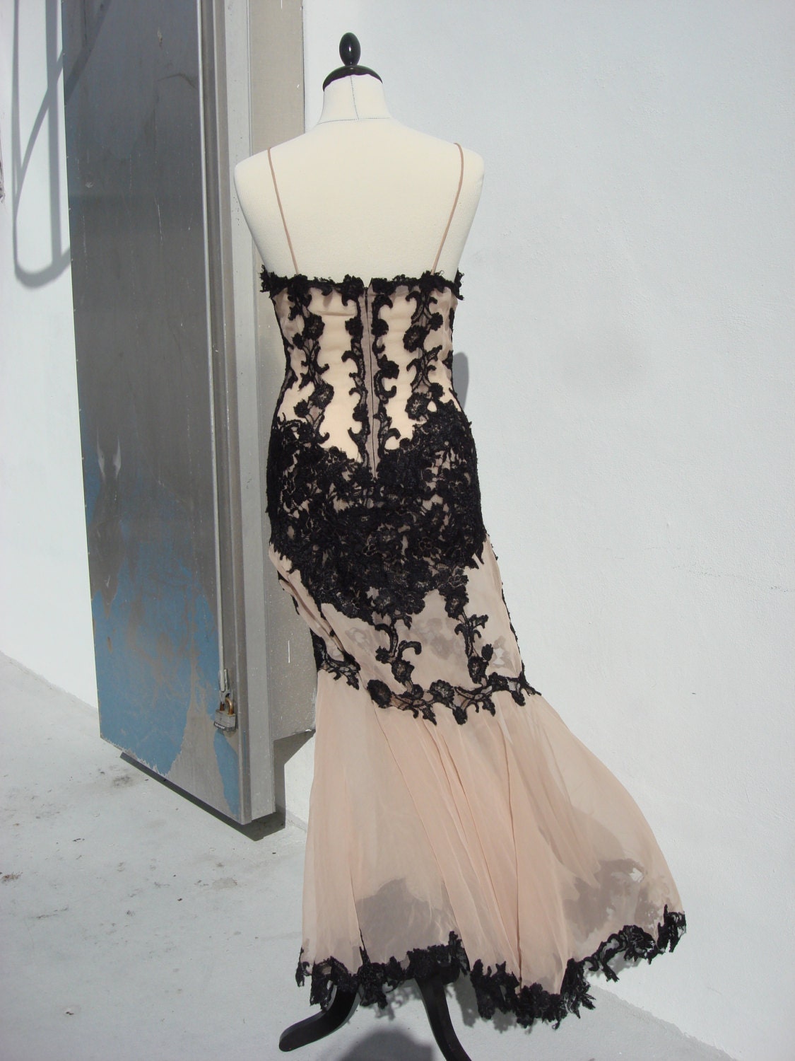 Vintage evening gown,black lace and skin color fabric.Couture