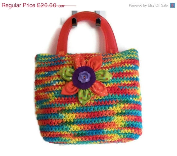 CLEARANCE Crocheted Cotton Handbag - tropical colours - red acrylic handles - fabric brooch