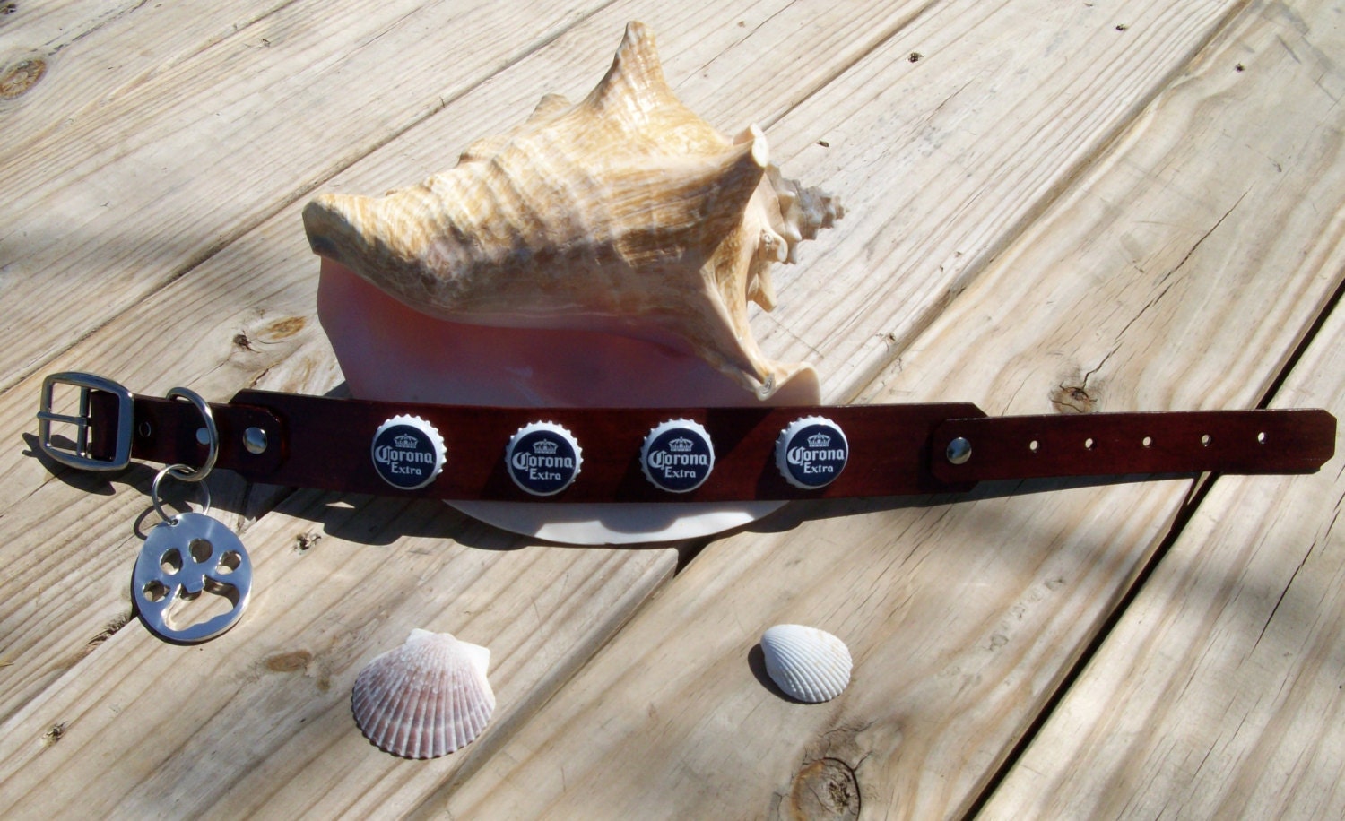 Corona Extra beer bottle cap leather dog collar with paw shaped bottle opener.  Any Size or Color