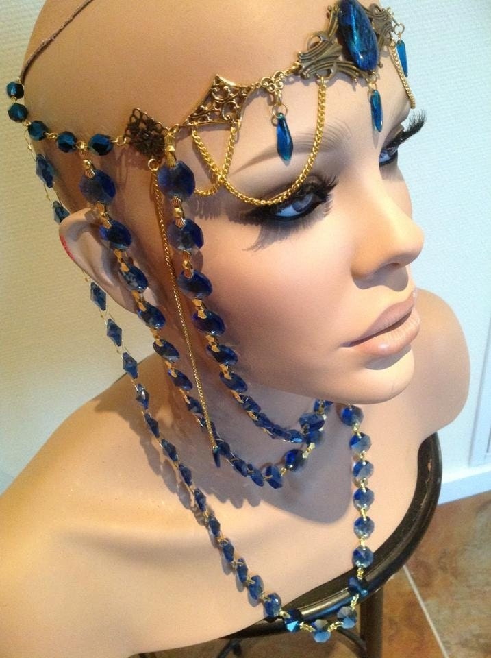 Sale READY TO SHIP Midnight Blue Goddess Genuine Crystal headdress headpiece avant garde rhinestone jewelry fantasy tribal gypsy