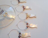 wine glass charm, nautical theme wine glass charm set, set of 6, fish charm