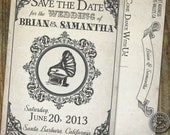 Steampunk, victorian, vintage inspired Gramophone Record Player Save the Date postcard for wedding Il_170x135