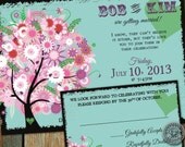Summer wedding Invitation and rsvp with flower tree, butterflies, heart and carnival elements Il_170x135