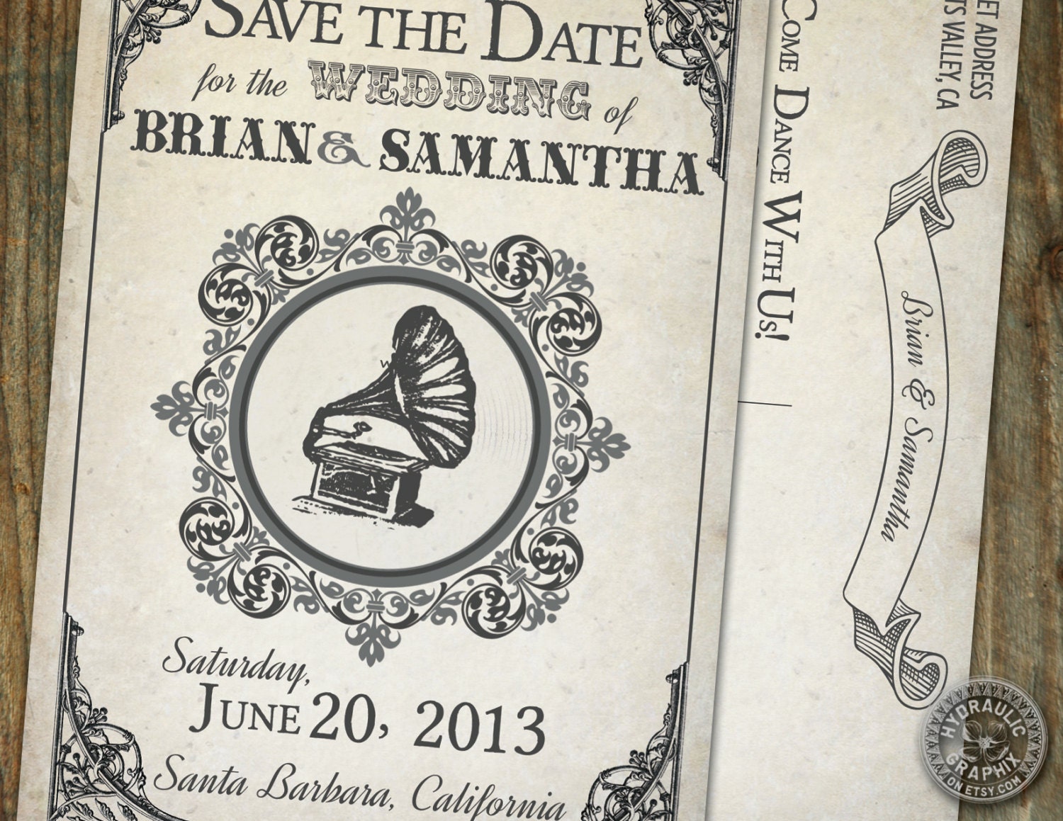 Steampunk, victorian, vintage inspired Gramophone Record Player Save the Date postcard for wedding Il_570xn