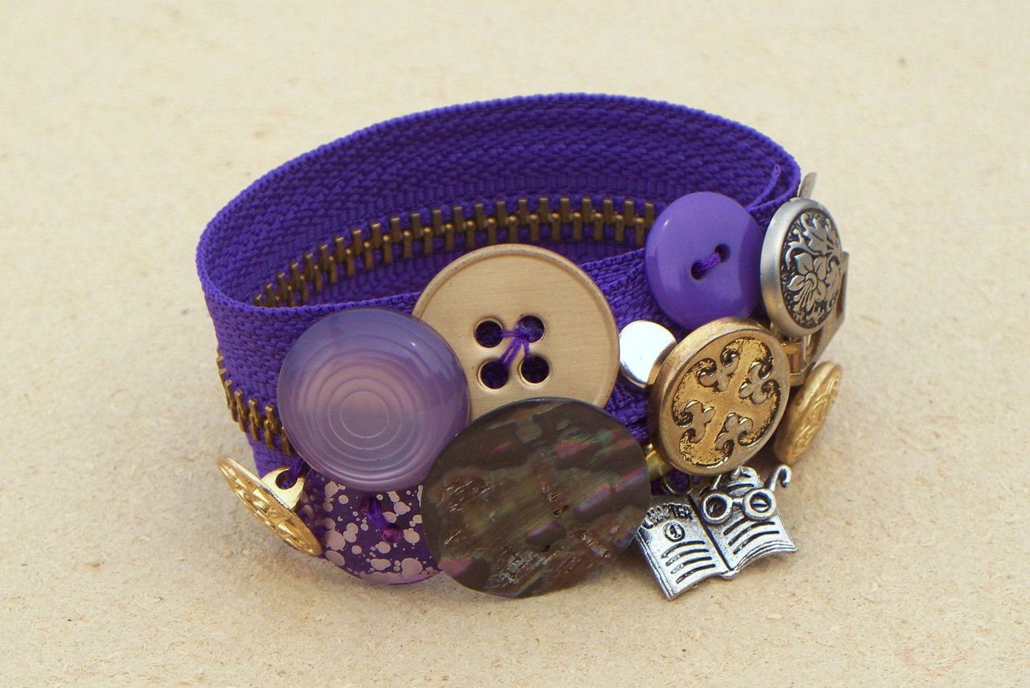 Purple Zipper Bracelet Vintage MOP Silver Reader Charm