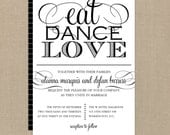 Wedding Invitation and RSVP Card (Eat, Dance, Love) - Digital Files or Deposit on Printing (Customizable Calligraphy Design)