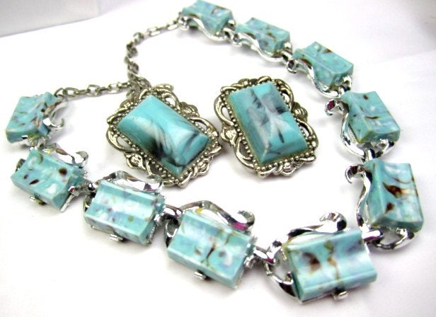 Mid West Turqoise Lucite Thermoset Necklace w Earrings 1950s Vintage Jewelry Gift
