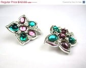 Jade Amethyst Glass Cabochon Rhinestone Earrings 1960s Vintage Jewelry