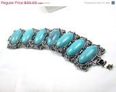 Filigree Silver Tone Turquoise Lucite Bracelet 1950s Vintage Jewelry