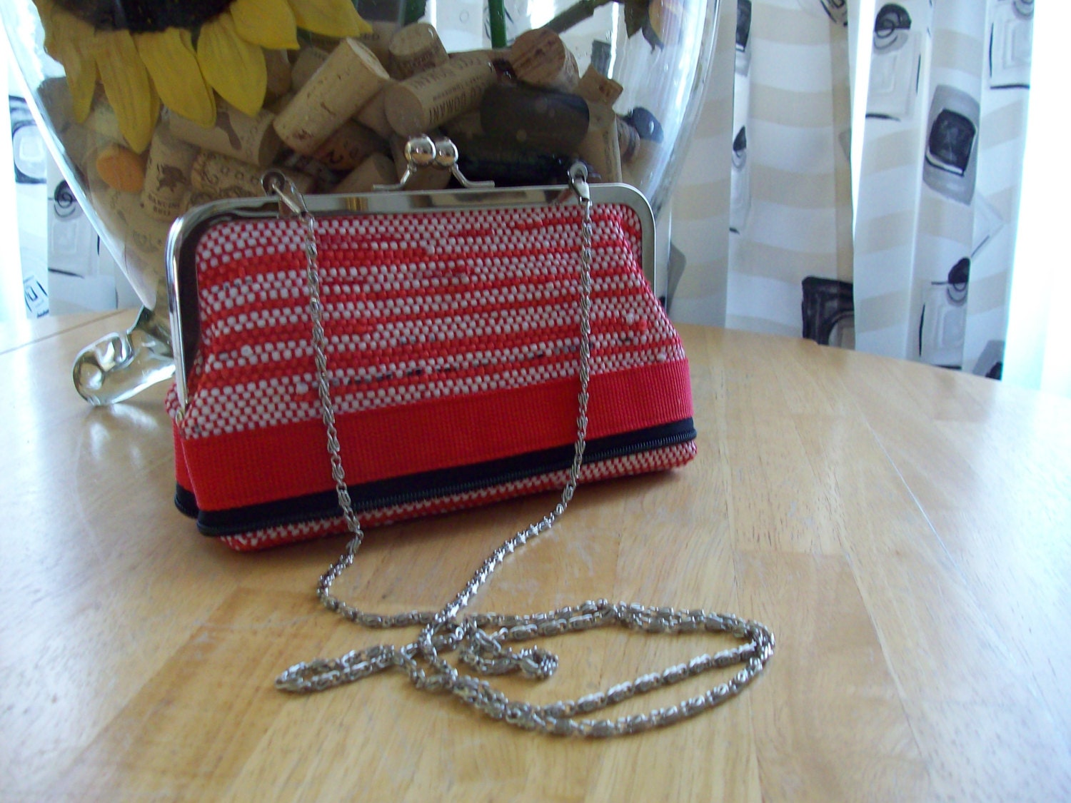 Hand Woven Plarn Clutch With Removable Chain Strap - Red, White and Black