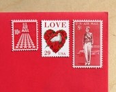 Vintage unused - Red Red Love no. 2 - postage stamps to post 5 letters - or use in scrapbooking and crafts