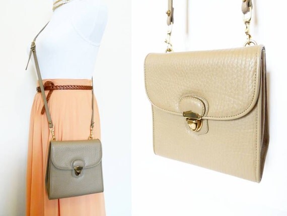 Vintage Dooney & Bourke Plaza Bag, Taupe Tan Dooney All Weather Leather Hipster Crossbody Satchel Purse Small Handbag Preppy Flap