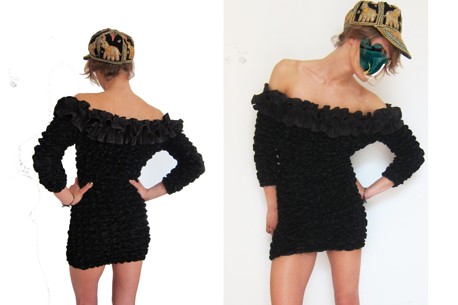 Ruffle Top  Black Velvet Vintage Dress