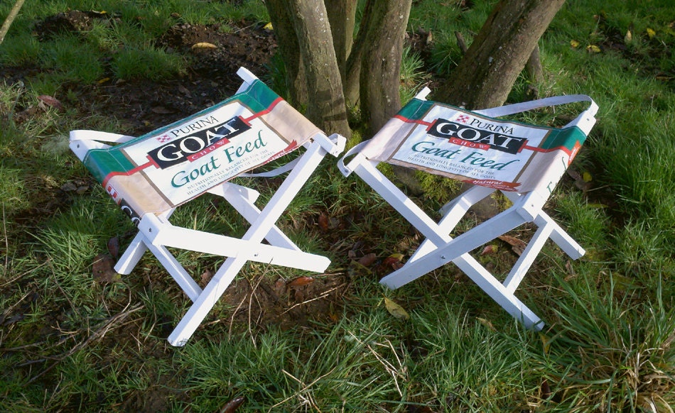Two Upcycled Feed Bag Folding Camp Stools