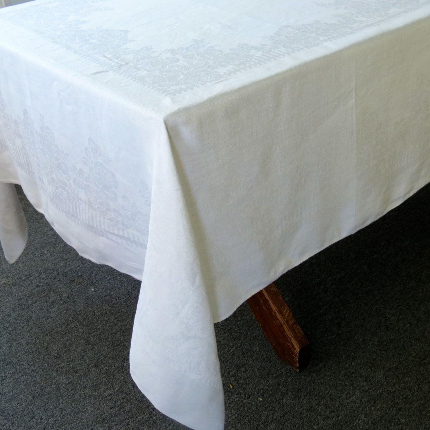 Vintage Linen Tablecloth Damask Table Cloth Rose Fence 70 x 66