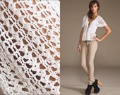 Reserved Vintage SHEER LACE Art Deco Plunging Crochet Top 90s // Blouse // White // Bohemian // Tie Waist