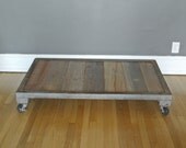 Rolling Industrial Low Coffee Table w/ Steel Frame