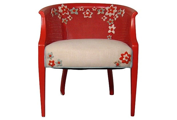 FREE SHIPPING Bright Colorful Modern Chic Orange Aqua Flower French Cane Barrel Bucket Chair