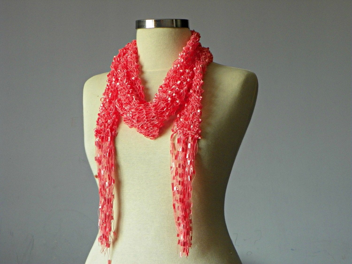 Spring and summer scarf light salmon trellis yarn handmade neckwarmer women accessories, summer day and night fashion