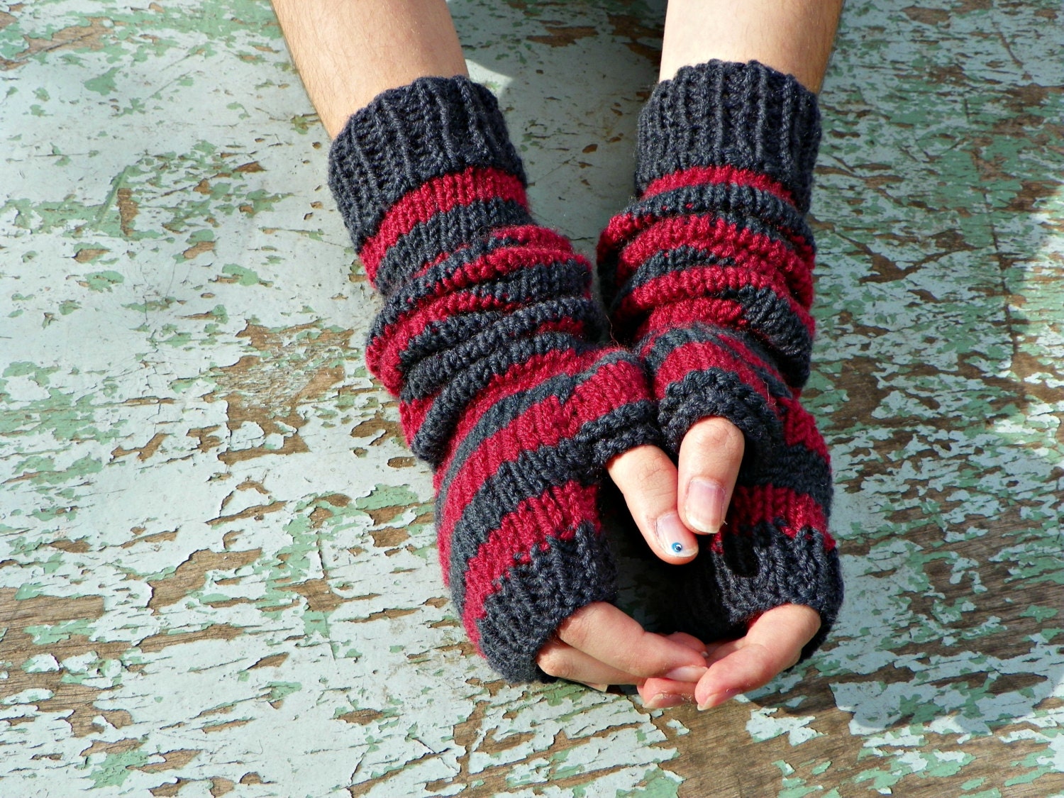Knitting fingerless gloves cherry dark gray stripet, women accessories winter fall fashion, long gloves