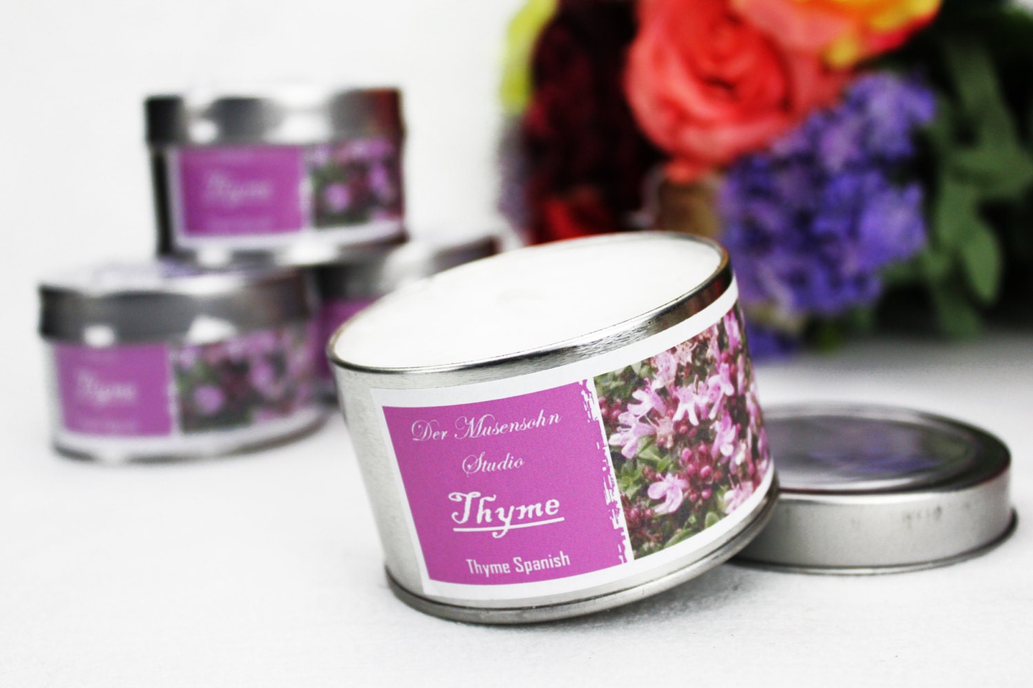 Scented Candle 5oz Thyme Scent Aromatherapy Candle Travel Tin Natural Essential Oil Strong Elegant Fragrance