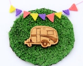 Laser cut wood brooch, Cosy, cute vintage caravan, natural wooden finish