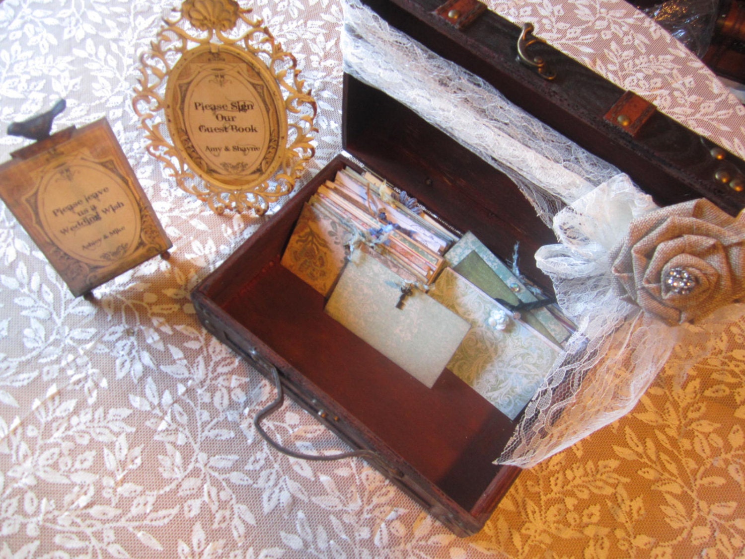 Victorian Wedding Guestbook Chest with 60 embellished wish cards Personalize Burlap and Lace