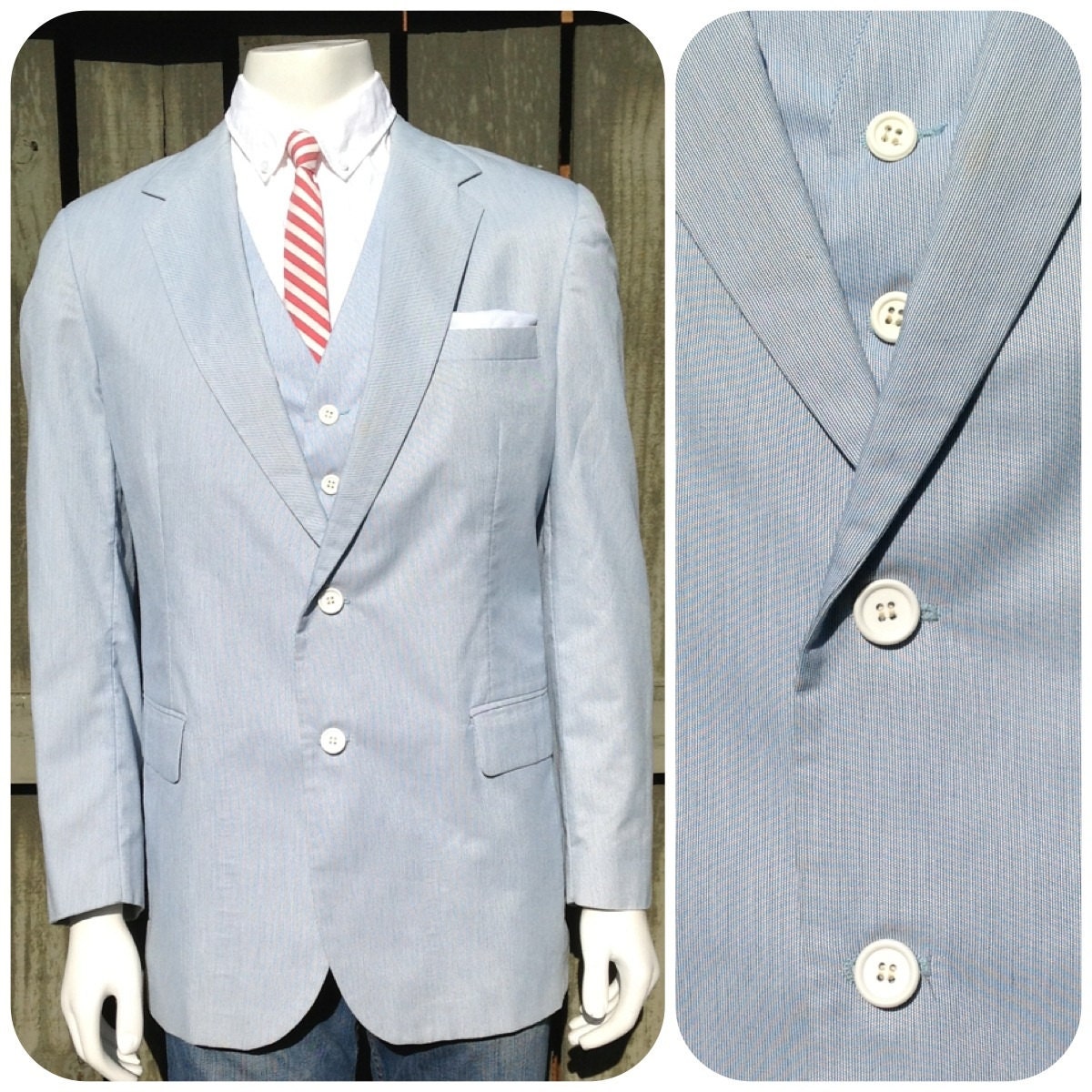 Vintage 1980s Lite Blue and white Suit Jacket and Vest -- Blazer and Vest -- Light Blue -- Preppy -- Ivy League