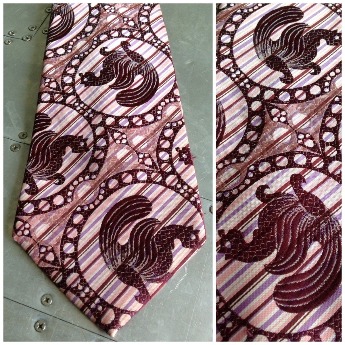 Vintage 70s Mens Wide Tie  - Disco Era - Pink Mauve Purple Ivory & Brown Necktie