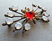 1940s Atomic Brooch Retro Moonstone Red Glass Rhinestone Pin