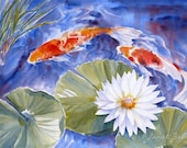 Koi Fish Original Watercolor Painting Waterlily Pond 14x20 Janet Zeh