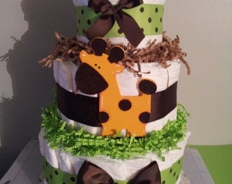 Green and brown polka dot Giraffe 3 tier diaper cake, baby shower decoration