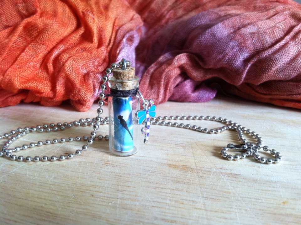 Mini Glass Bottle Pendant Necklace Dragonfly Blue Green