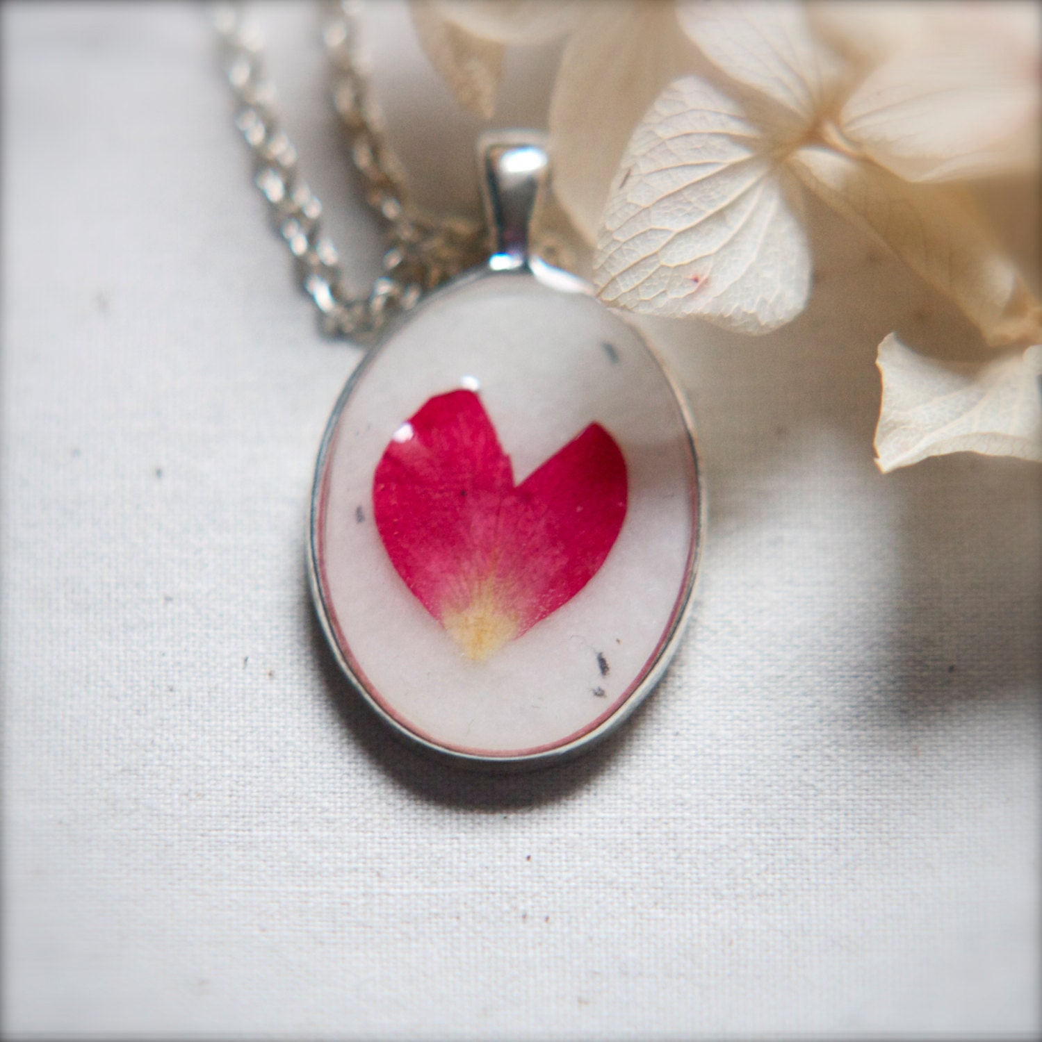 botanical jewelry romantic pressed flower necklace real red rose petal heart love romance soft light