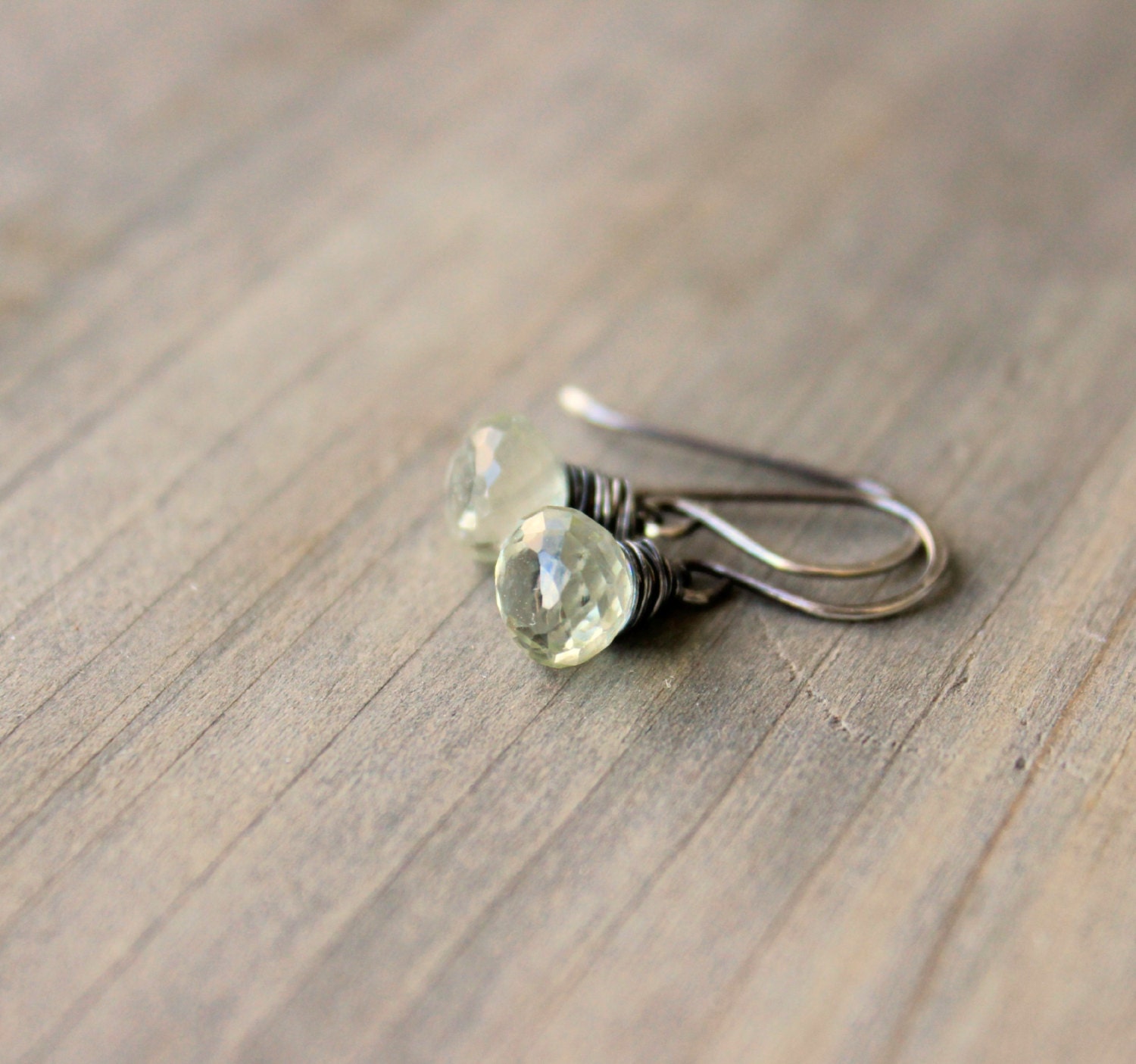 Pond  Green Amethyst Wire Wrap Earrings Sterling Silver Onion Briolette February birhtstone
