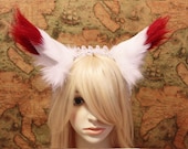 13 cm crimson RED Tip White Cat kitty Ear FOX ear Hair Clip & white lace headband Long Fur Wild Fox Cosplay Costumes Party Amaterasu
