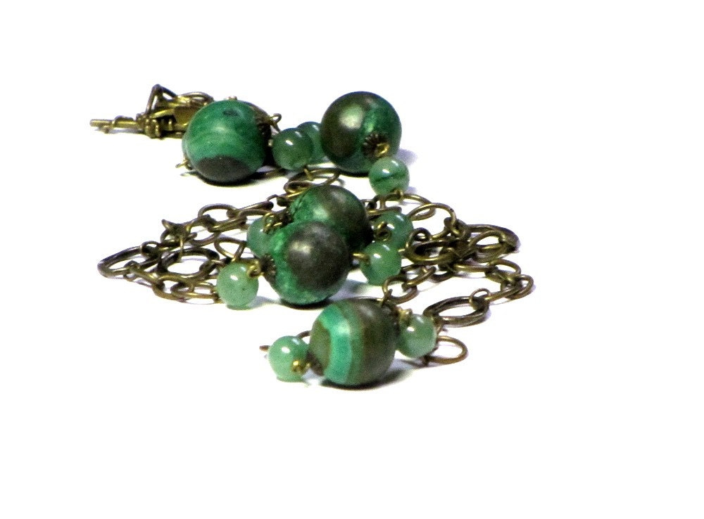 Green Jade Necklace, Antiqued Brass, Gemstone Necklace, Boho Chic