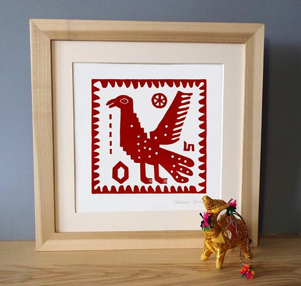 Peru Standing Bird Linocut Hand Pulled Original Relief Print Edition of 30 (unframed)