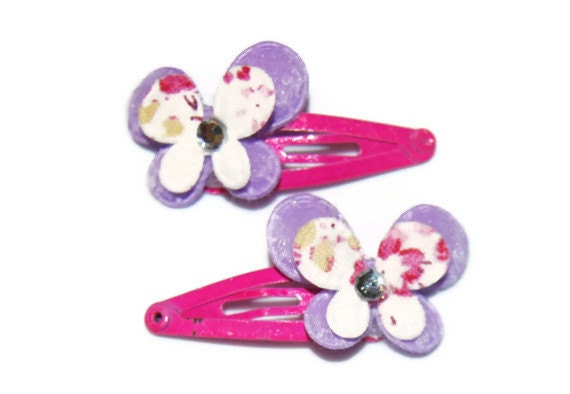 Purple Butterfly Snap Clip Set with Hot Pink Glitter Snap Clips and Rhinestone Centers