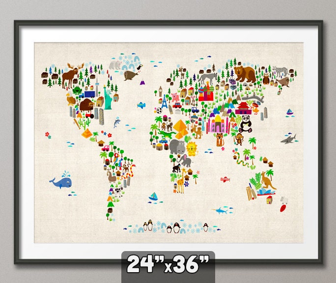 Animal Map of the World Map for children and kids, Art Print, 24x36 inch (60)