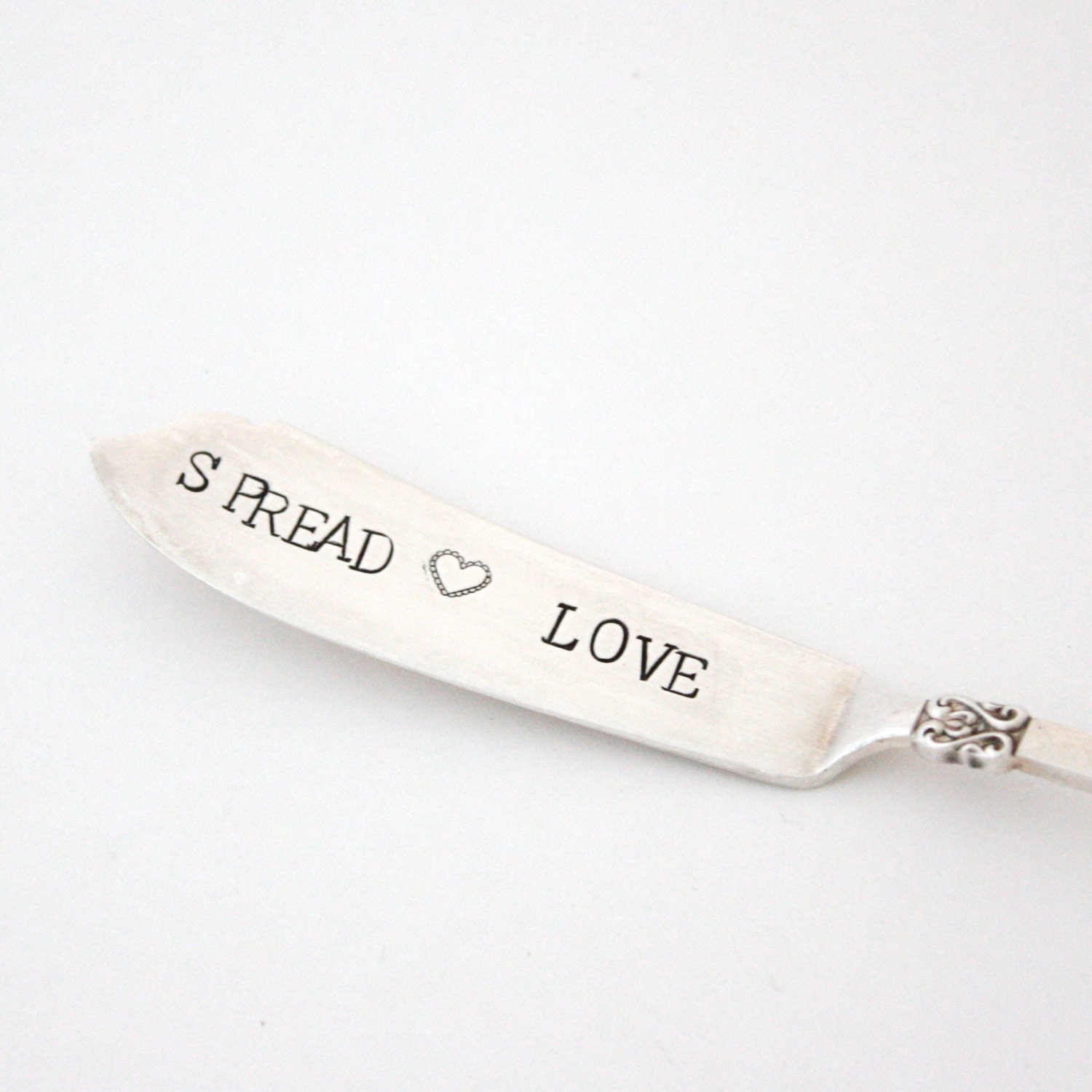 Spread Love- vintage stamped knife, butter spreader or cheese knife, unique engagement gift of stamped silverware