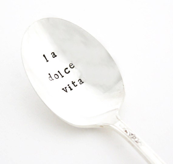 La Dolce Vita sugar spoon: Hand Stamped vintage silverplated sugar spoon with the Italian for "The Sweet Life" Boho home decor Milk & Honey