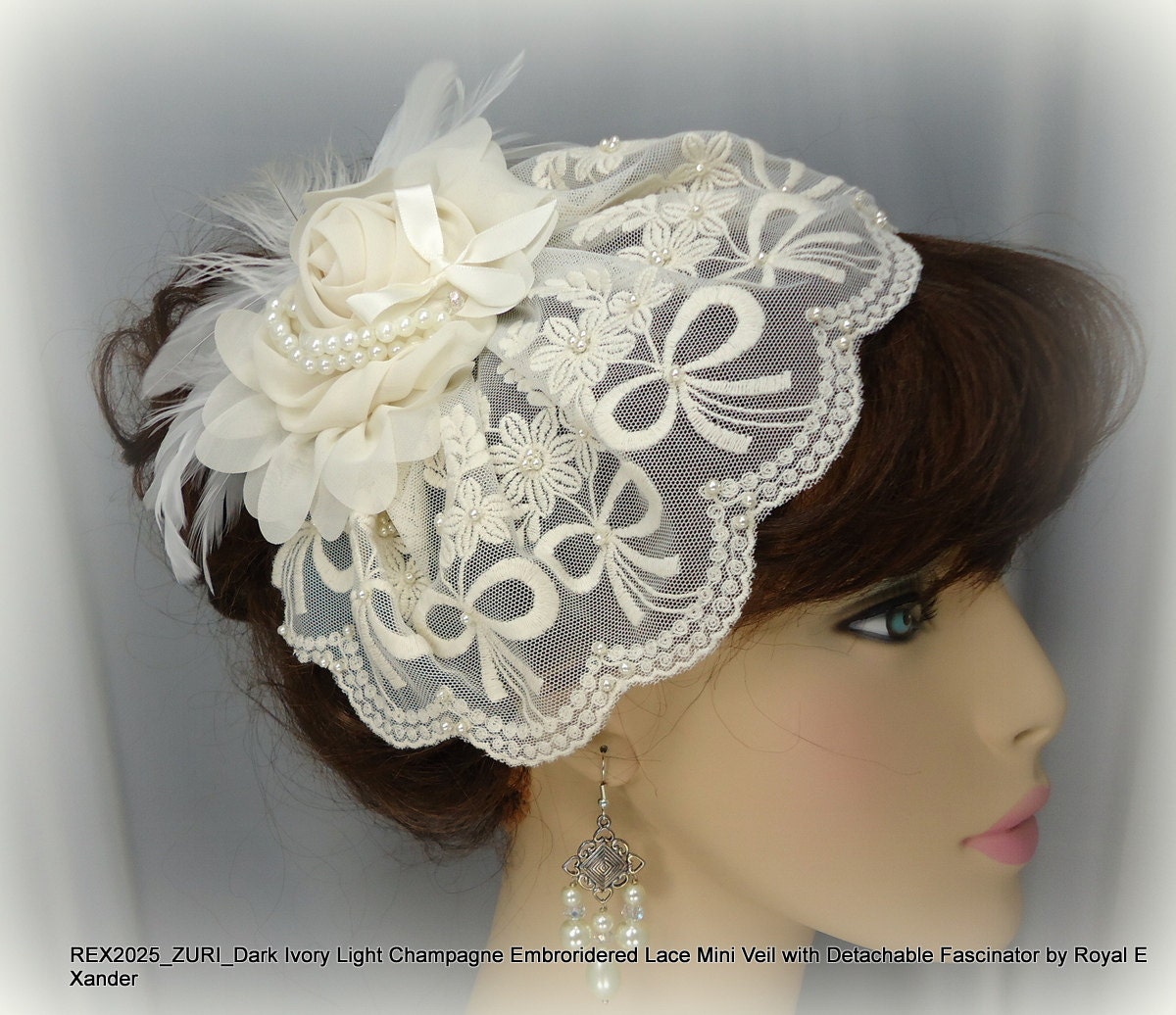 Dark Ivory Light Champagne Embroidered Lace Mini Veil with Pearls and Detachable Chiffon Rose Fascinator Wedding Bridal Set