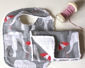 ON SALE Rainy Day Elephant Baby Bib and Burp Cloth Set // Baby Gift Set