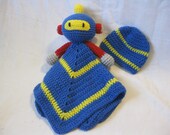 RTS Crochet Gift Set Blue Yellow Newborn 0-3 month Baby Beanie Robot Security Blanket, Photo Prop Accessory, Lovey