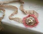 Coral and Burlap Tieback headband, vintage headbands, newborn headbands, open tiebacks, burlap headbands, photography prop